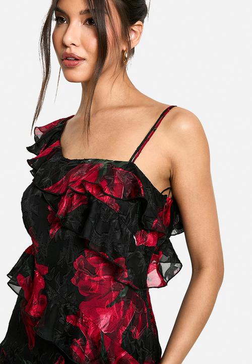 boohoo - Floral one shoulder ruffle maxi dress - black