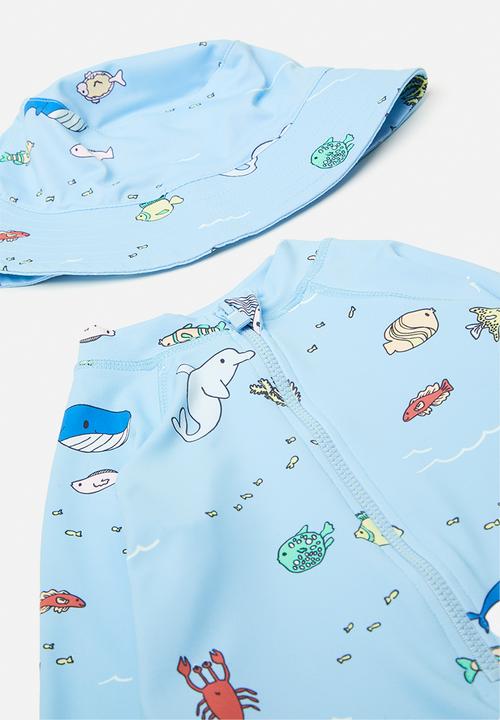 Cotton On - Bundle cameron swimsuit and swim bucket hat - dawn blue/sea creatures
