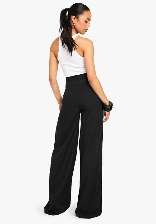 boohoo - Linen look wide leg relaxed fit trousers - black