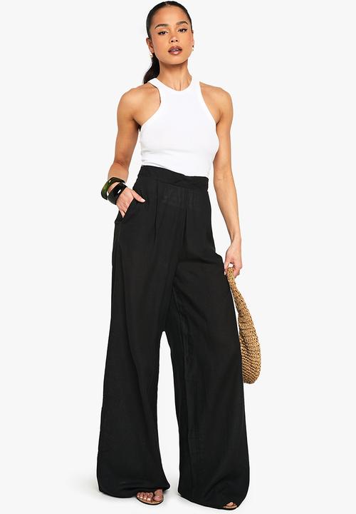 boohoo - Linen look wide leg relaxed fit trousers - black