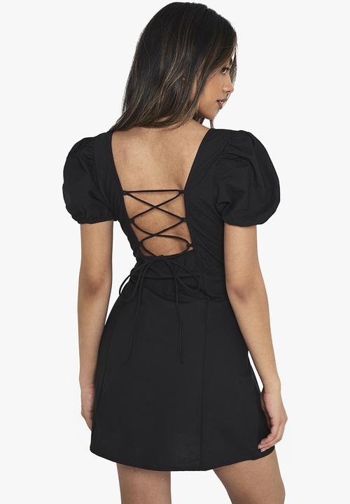 boohoo - Cotton puff sleeve mini dress - black