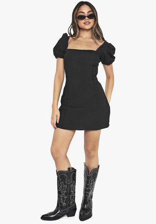 boohoo - Cotton puff sleeve mini dress - black