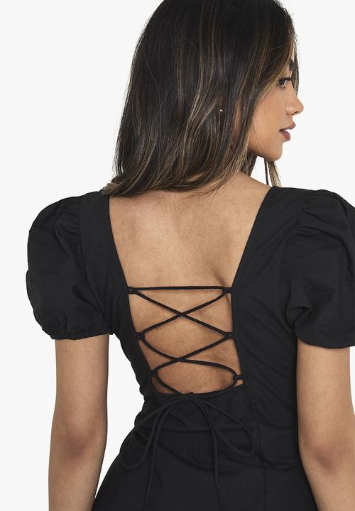 boohoo - Cotton puff sleeve mini dress - black