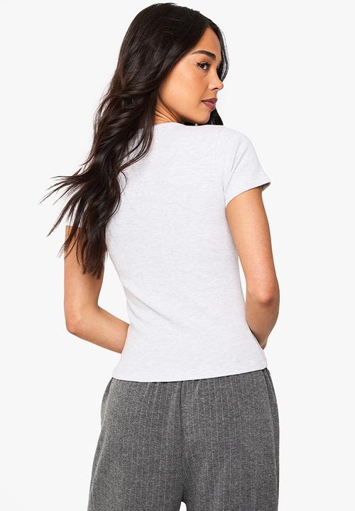 boohoo - Rib popper neckline crew neck top - ash grey