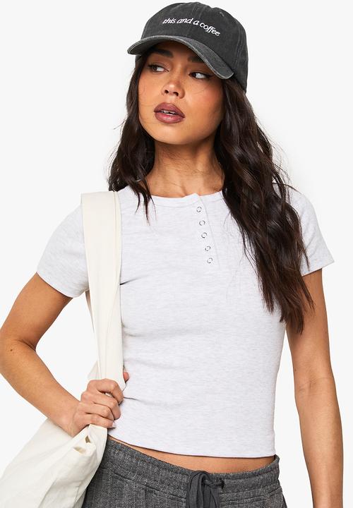 boohoo - Rib popper neckline crew neck top - ash grey