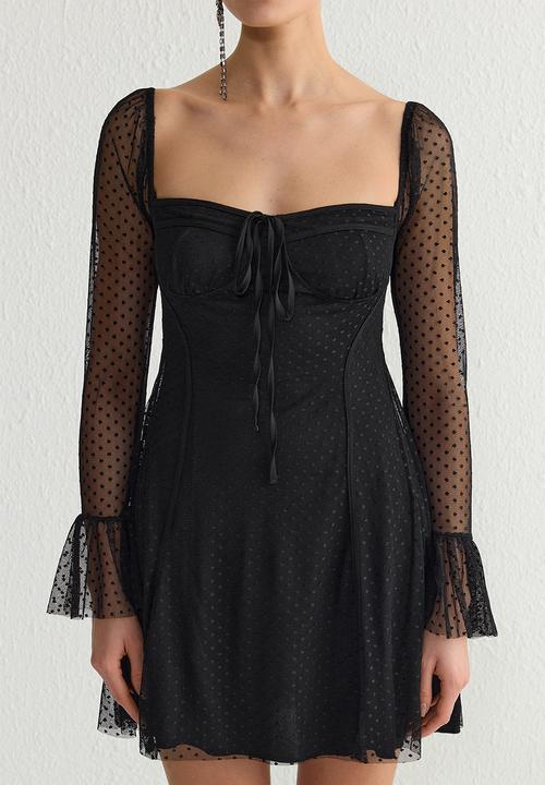 Trendyol - Lined Polka Dot Tulle Knitted  Evening Dress - Black