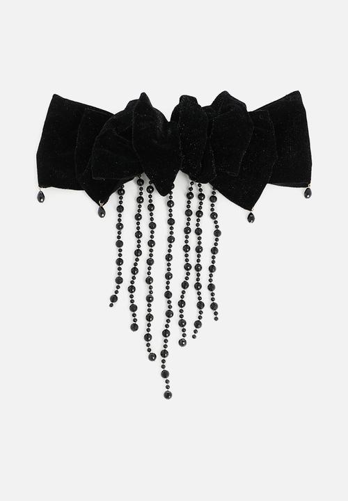 Tessa Design - Alexia velvet bow with beaded embellishments - black