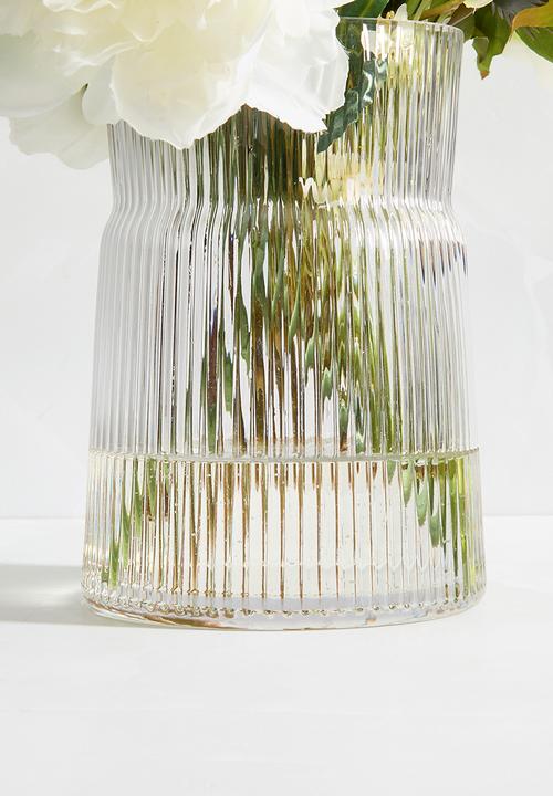 Silk By Design - Scabiosa white peony in ribbed glass vase