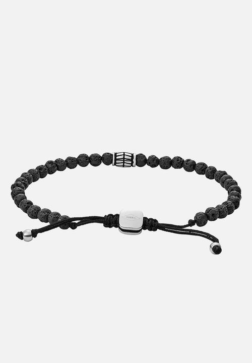 Fossil - Lava stone beaded bracelet- silver & black