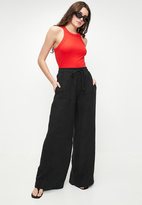 Trendyol - Linen elastic waist high waist extra trousers- brown