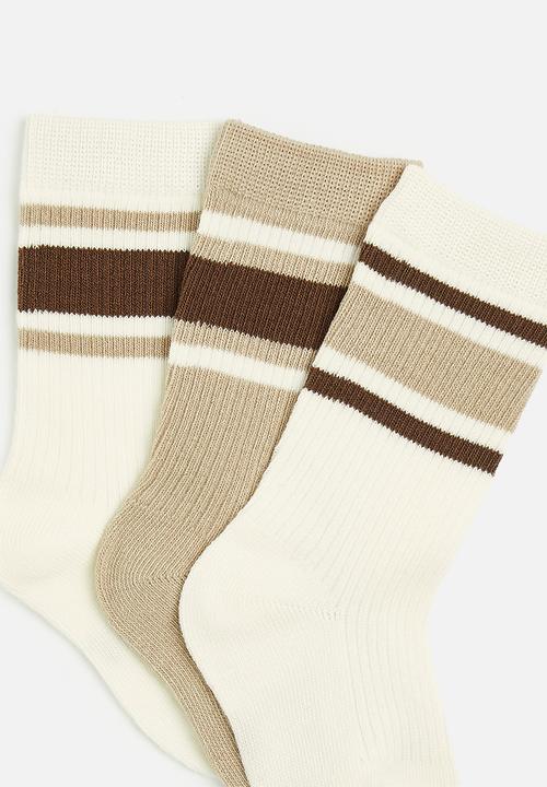 Cotton On - Kids 3 pack crew socks - mocha/rainy day stripes