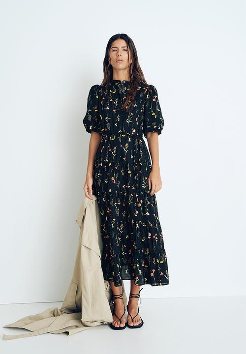 Long cotton dress - black/floral - 1275645001