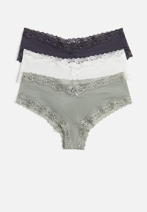 H&M - 3-Pack microfibre and lace hipster briefs - khaki green & grey