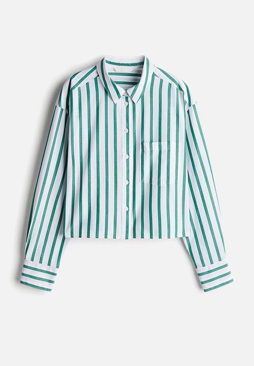 H&M - Short poplin shirt - white & green striped