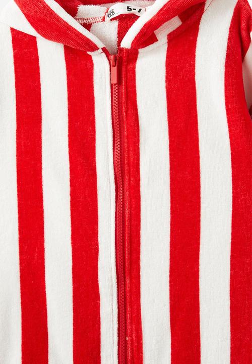 Cotton On - Kids Zip Thru Hooded Towel - Varsity Red/Bold Stripe