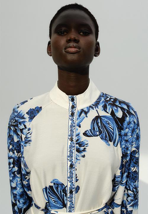 H&M - Tie-belt dress - white & blue floral