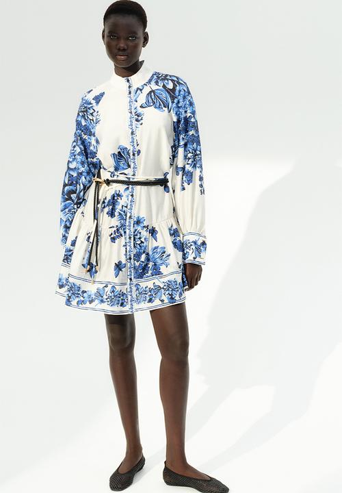 blue dress white belt Formal Fitted Dress With White Collar