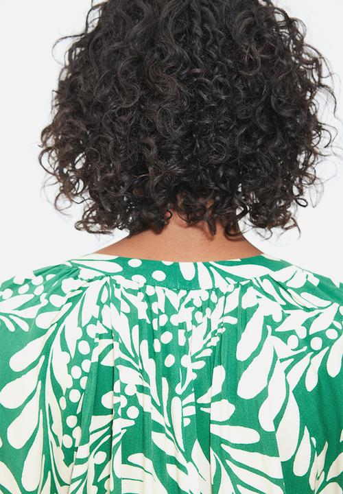 H&M - Balloon-sleeved blouse - green & cream patterned