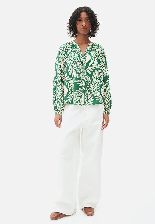 H&M - Balloon-sleeved blouse - green & cream patterned