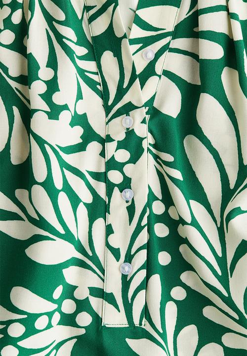 H&M - Balloon-sleeved blouse - green & cream patterned