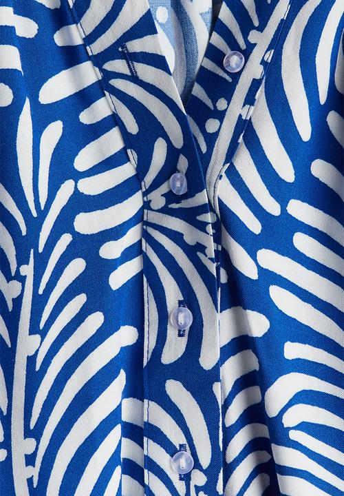 H&M - Balloon-sleeved blouse - bright blue & white patterned