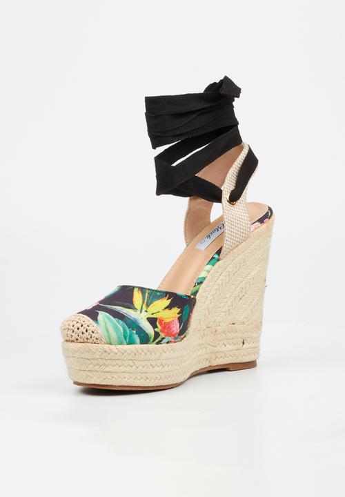 Miss Black - Moniker 10 platform rope wedge - black floral