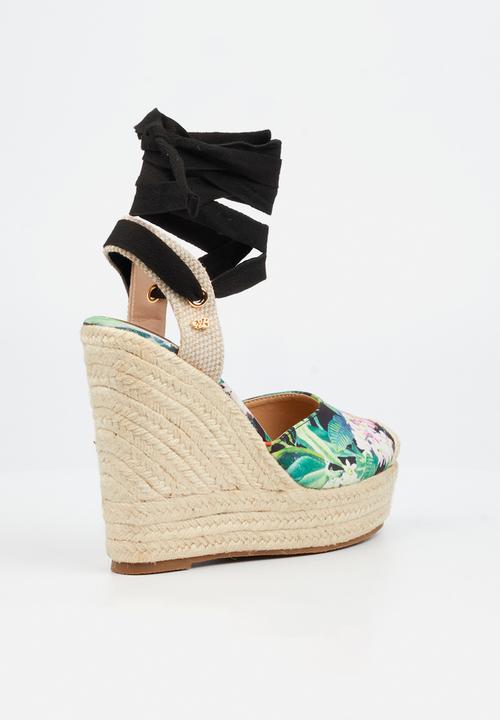 Miss Black - Moniker 10 platform rope wedge - black floral