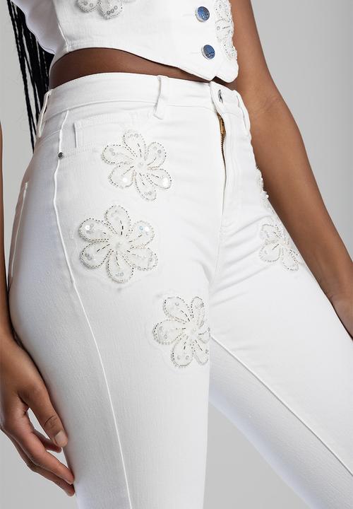 SISSY BOY - High Waist Skinny With Floral Applique  - White