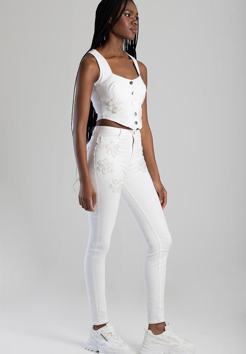 SISSY BOY - High Waist Skinny With Floral Applique  - White