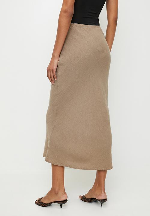 Trendyol - Linen elastic waist high waist midi skirt - mink