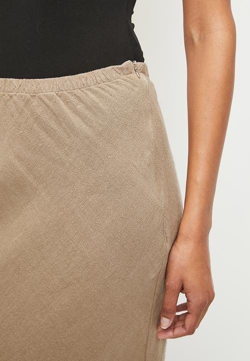 Trendyol - Linen elastic waist high waist midi skirt - mink