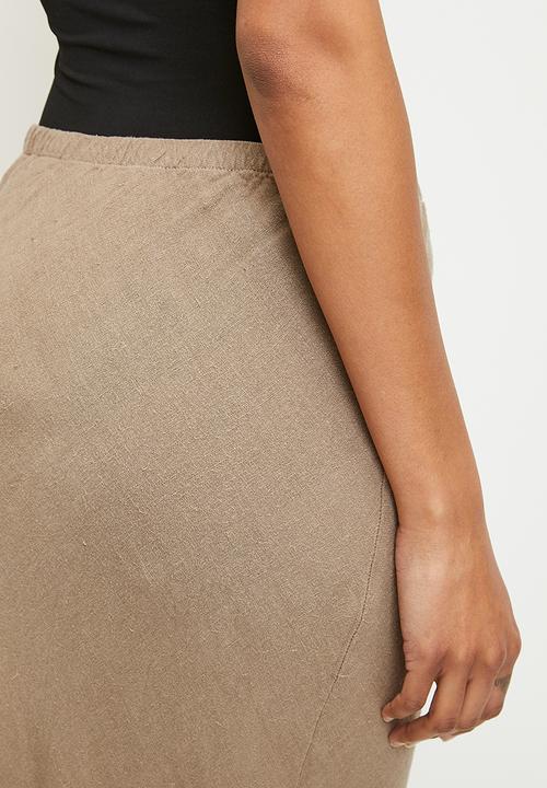 Trendyol - Linen elastic waist high waist midi skirt - mink