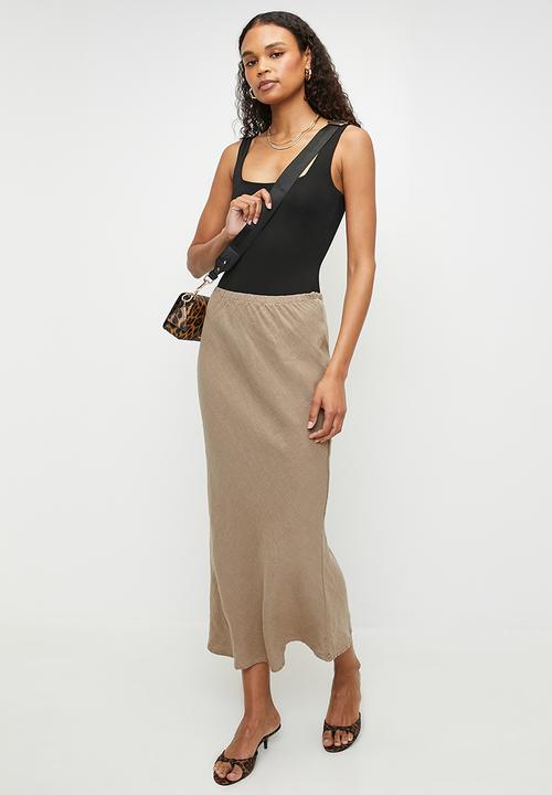Trendyol - Linen elastic waist high waist midi skirt - mink