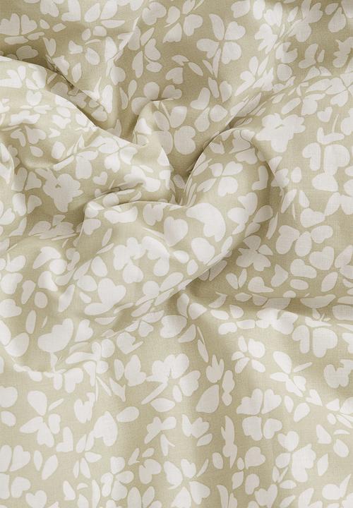 H&M - Double/king size cotton duvet cover set - light dusty green/floral