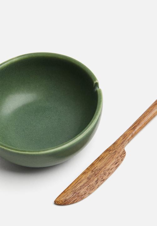 H&M - Stoneware butter bowl with knife - green