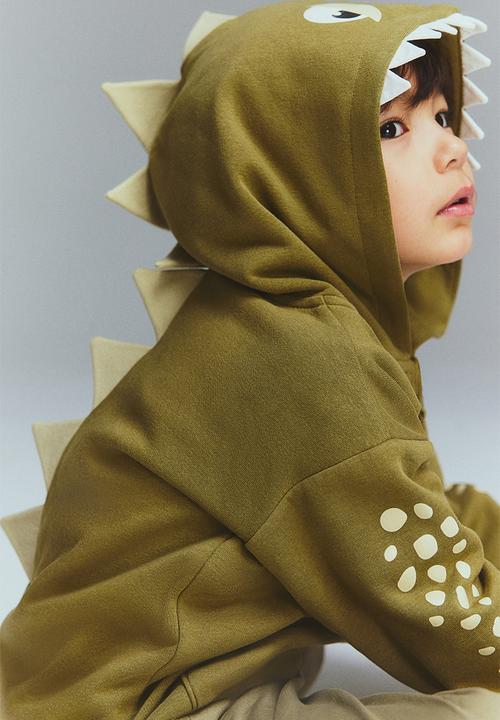H&M - Appliquéd zip-through hoodie - khaki green dinosaur