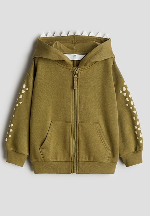 H&M - Appliquéd zip-through hoodie - khaki green dinosaur