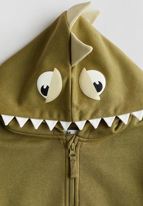 H&M - Appliquéd zip-through hoodie - khaki green dinosaur
