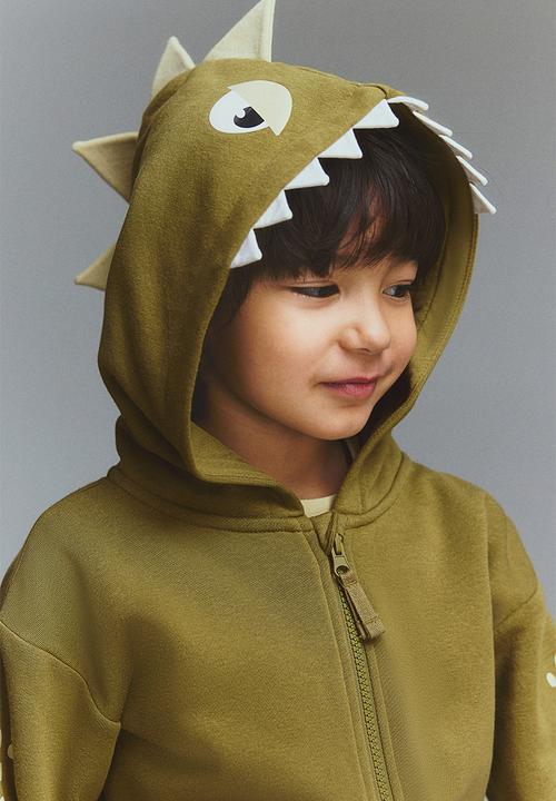 H&M - Appliquéd zip-through hoodie - khaki green dinosaur