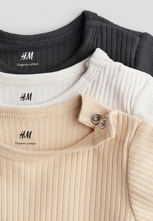 H&M - 3-Pack ribbed cotton bodysuits - dark grey & light beige