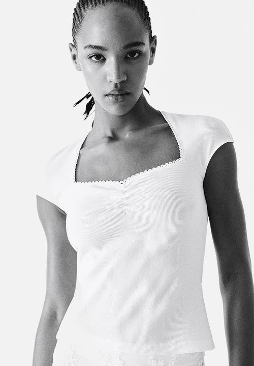Ribbed sweetheart-neck top - white