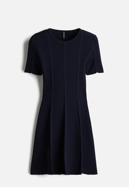 H&M - Rib-knit flared-skirt dress - navy blue