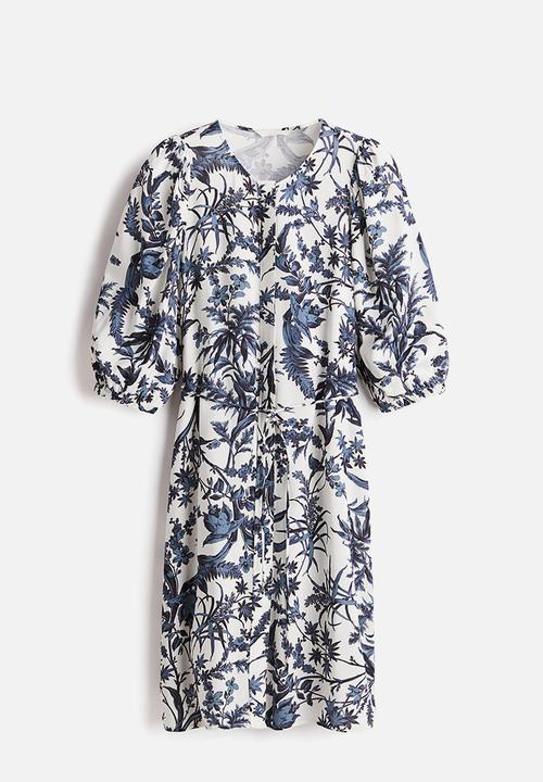 H&M - Tie-belt dress - white/blue patterned 