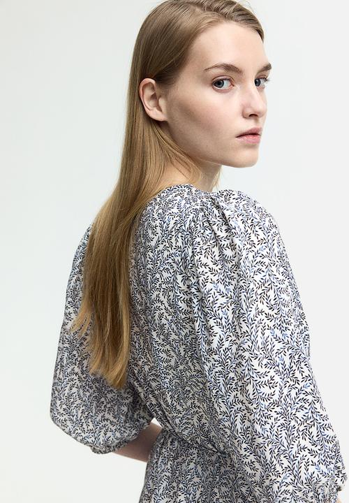 H&M - Tie-belt dress - white/blue patterned