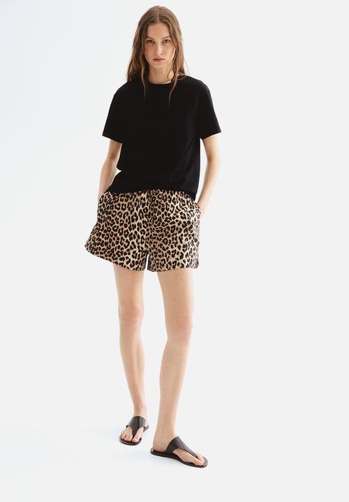 H&M - Cotton drawstring shorts - light beige & leopard print 