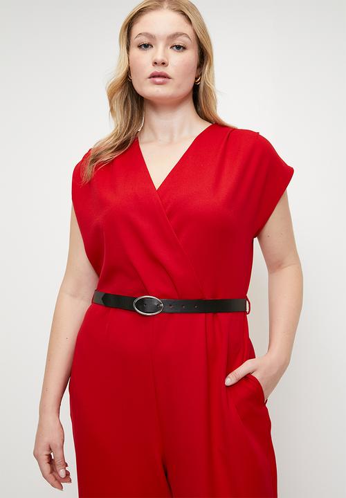 Trendyol - Plus size belted double breasted collar plus size woven jumpsuit  - red
