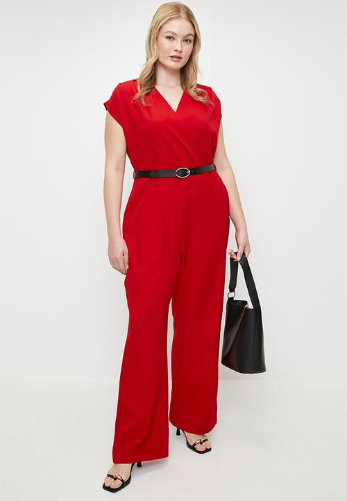 Trendyol - Plus size belted double breasted collar plus size woven jumpsuit  - red