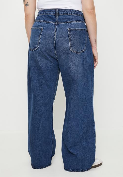 Trendyol - Plus size blue high waist destroyed wide leg  jeans  - dark blue
