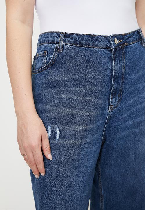 Trendyol - Plus size blue high waist destroyed wide leg  jeans  - dark blue