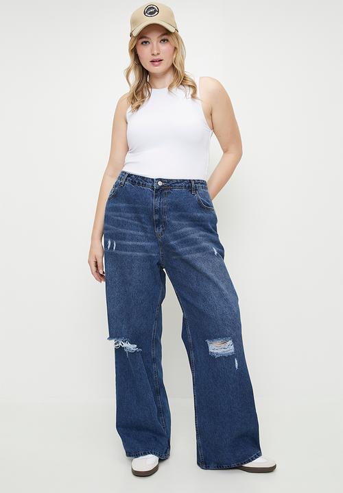 Trendyol - Plus size blue high waist destroyed wide leg  jeans  - dark blue